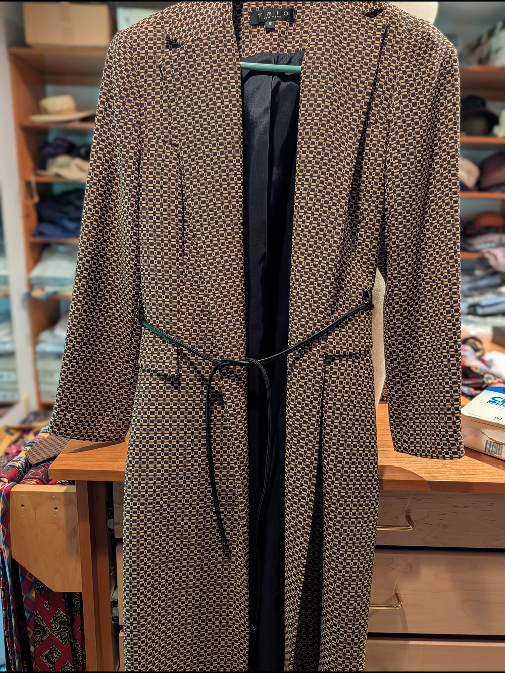 Trio New York Tan and Black Patterned Long Blazer